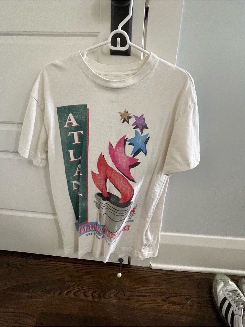 Vintage Graphic White Tee with Colorful Flame & Stars